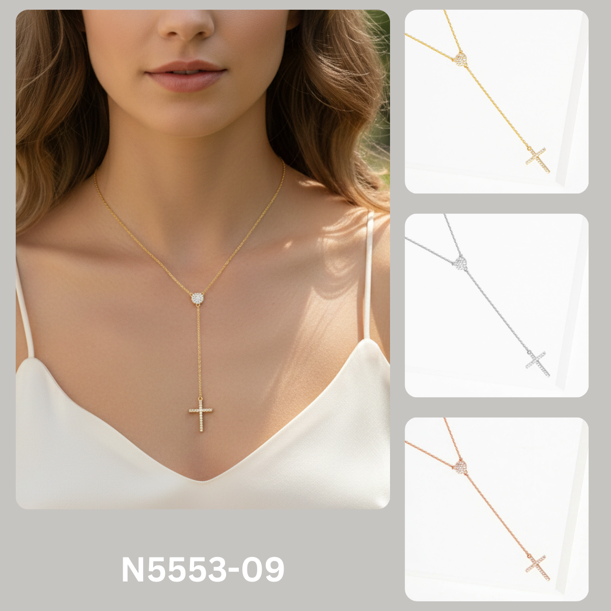 Dainty Pave Heart and Cross Lariat Necklace