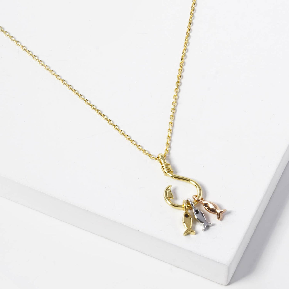 Tri-Color Fish & Hook Charm Pendant Necklace