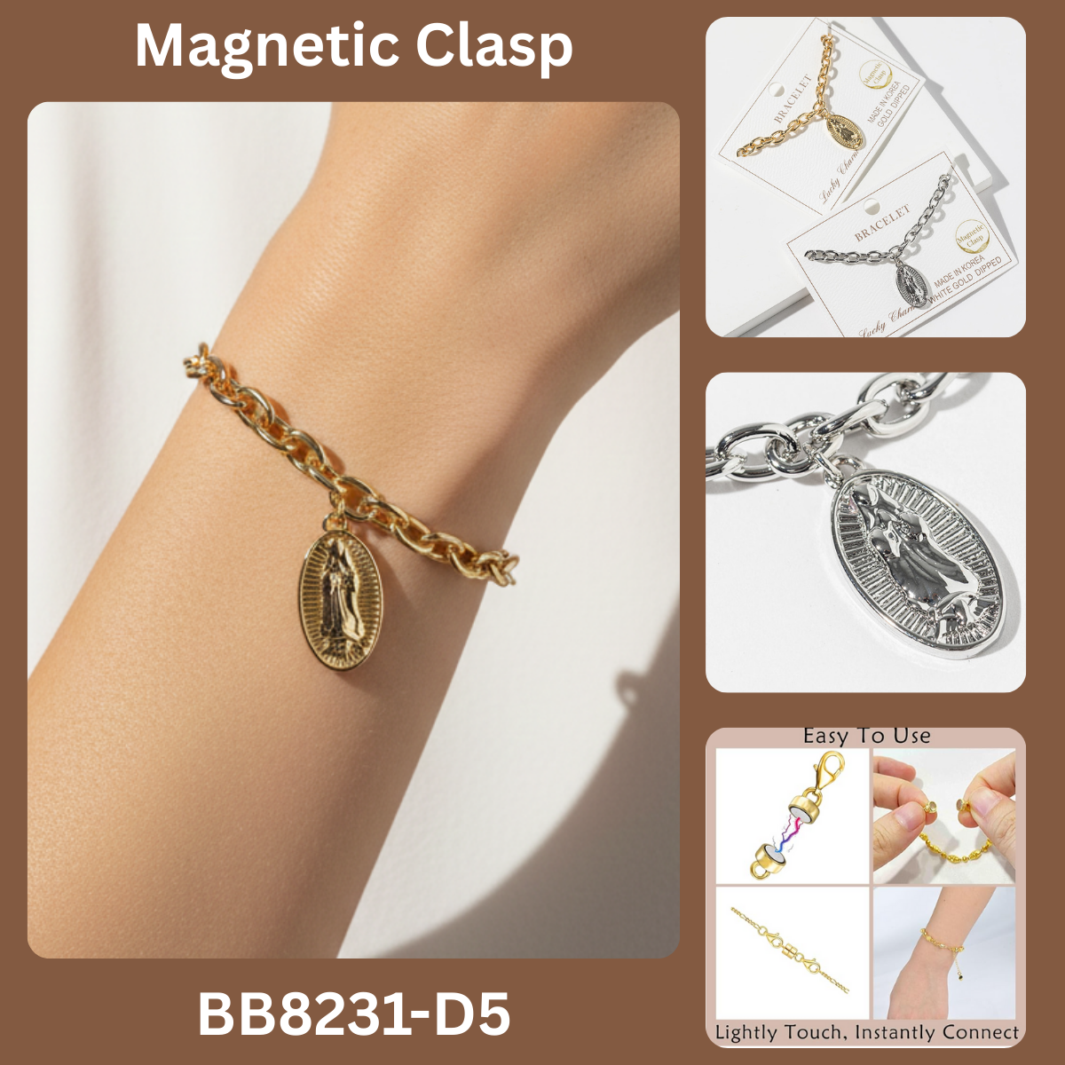 Magnetic Clasp Religious Oval Charm Bracelet
