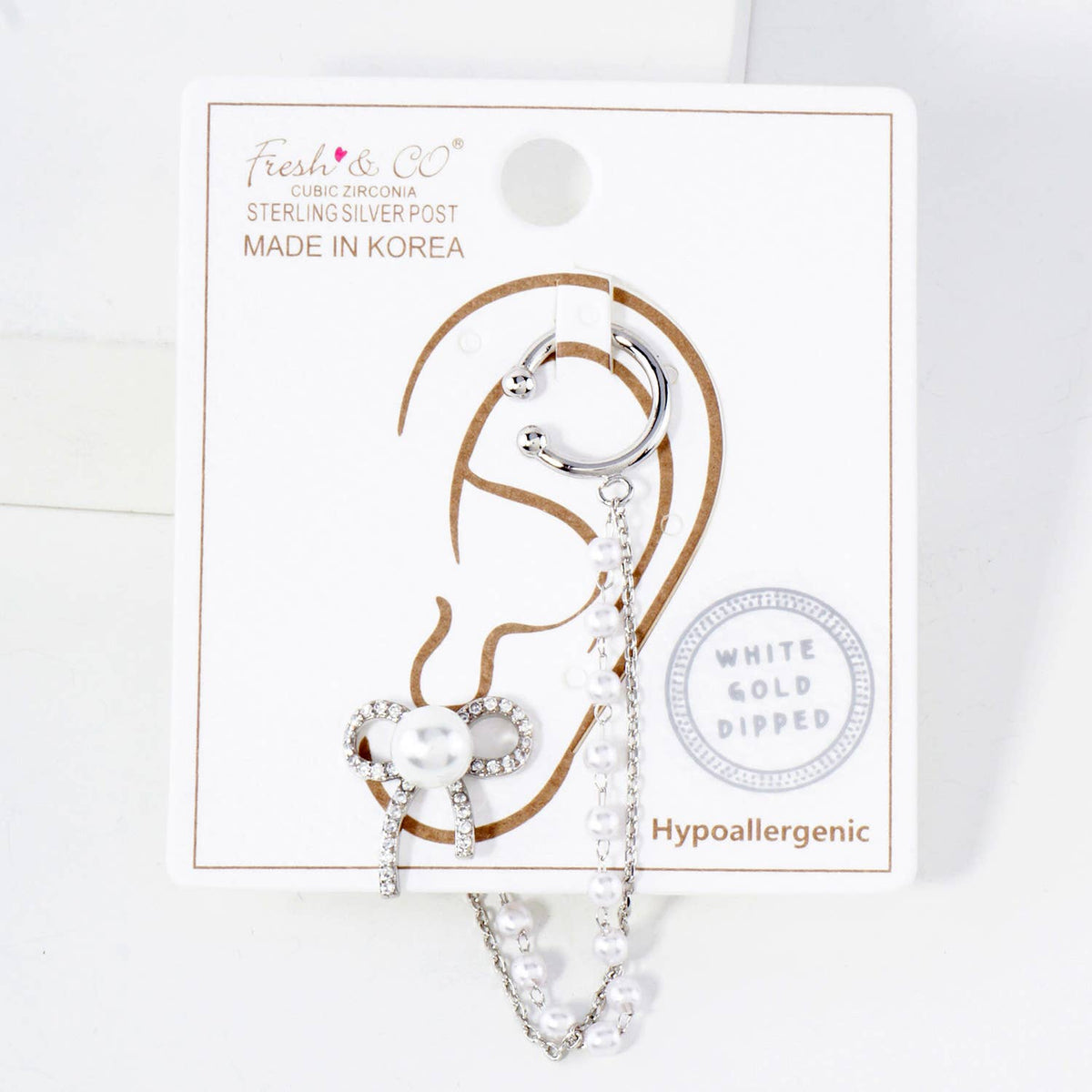 Pearl Bow Stud and Ear Cuff Drape Chain Earring Set