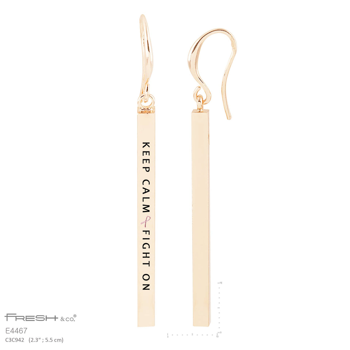Keep Calm & Fight On Engraved Bar Dangle Earrings
