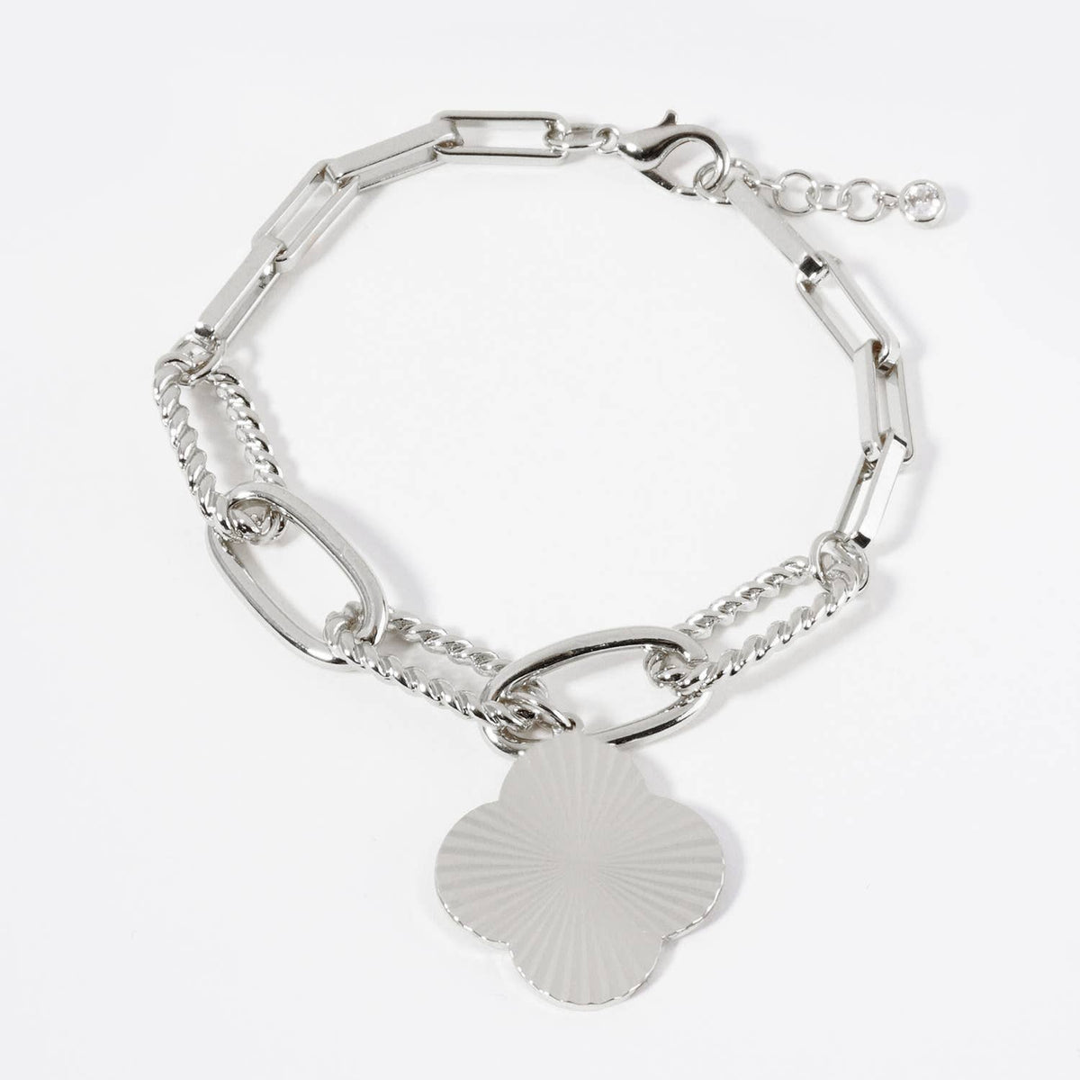 Sunburst Texture Quatrefoil Charm Link Chain Bracelet