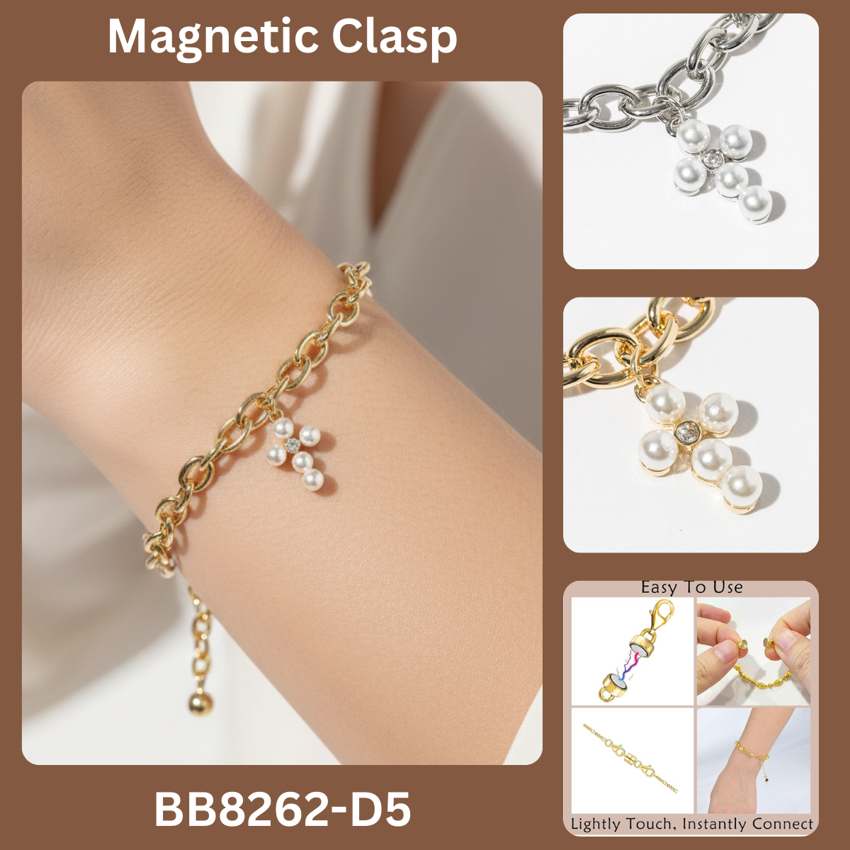 Pearl Cross Charm Chain Bracelet