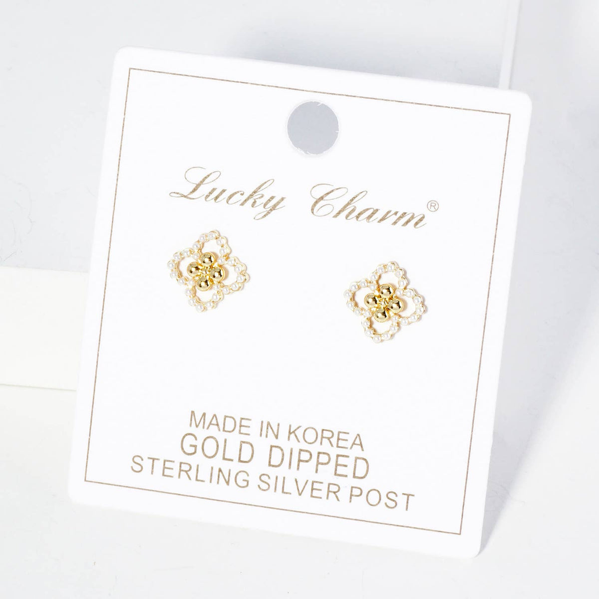 18K Gold Dipped Small Pearl Beaded Quatrefoil Stud Earrings