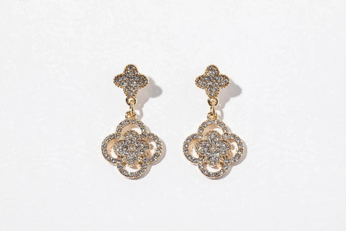 Crystal Clover Drop Earrings – Pavé Quatrefoil Dangle, Gold