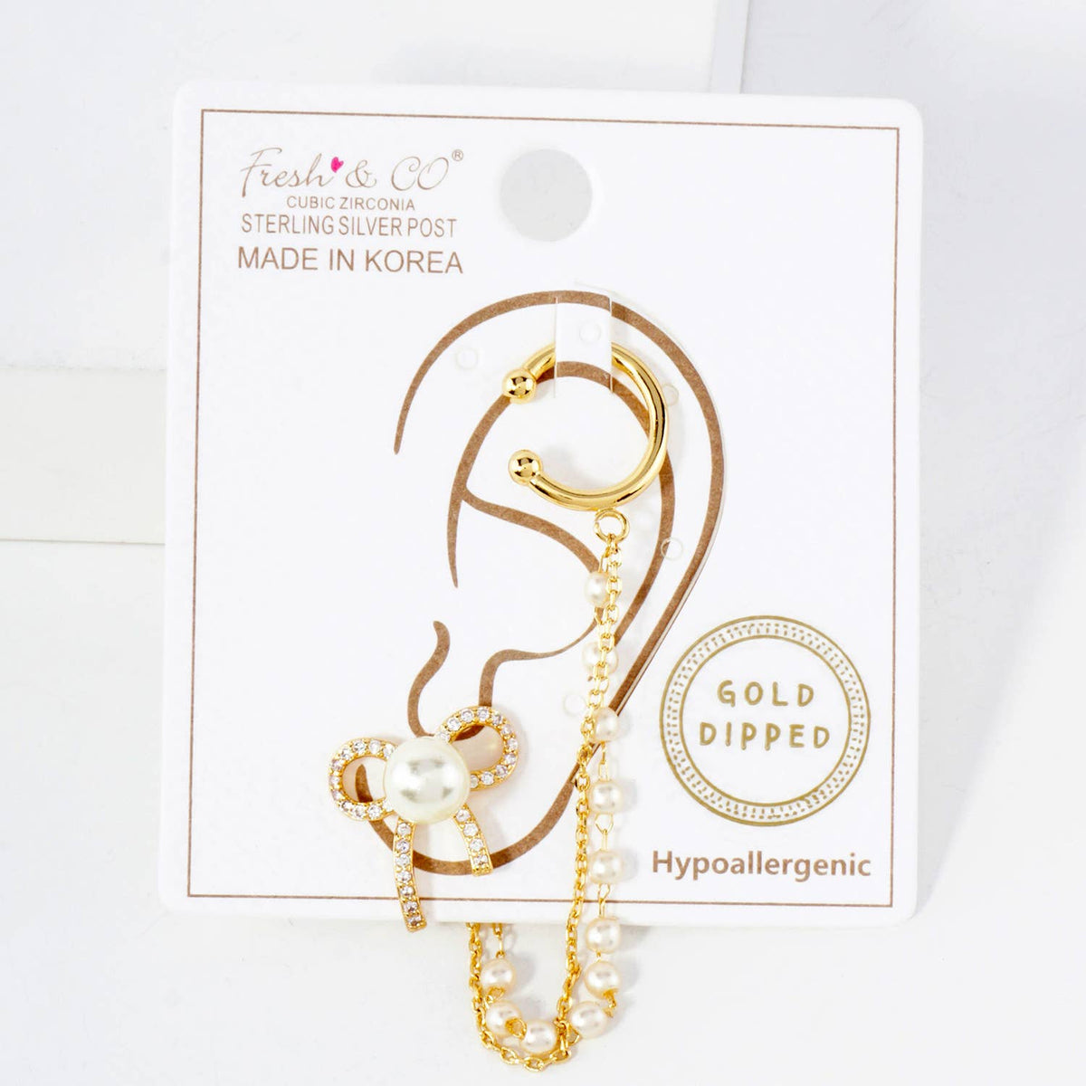 Pearl Bow Stud and Ear Cuff Drape Chain Earring Set