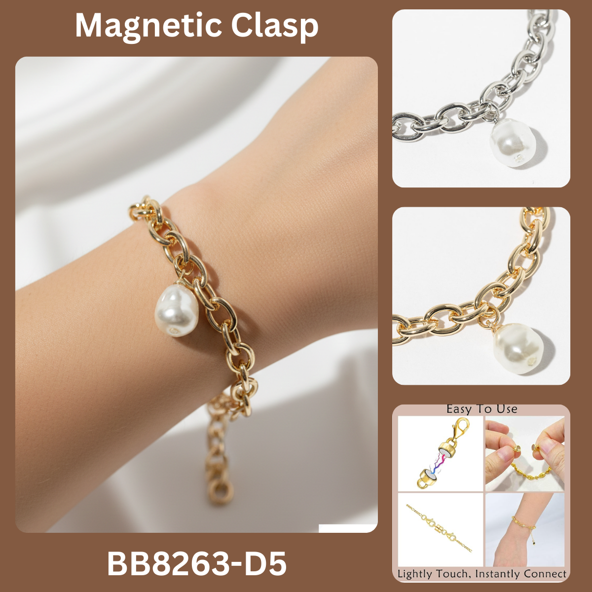 Magnetic Clasp Chunky Link Bracelet with Pearl Charm