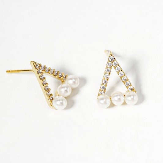 18K Gold Dipped Pearl CZ Pave Dainty Triangle Stud Earrings