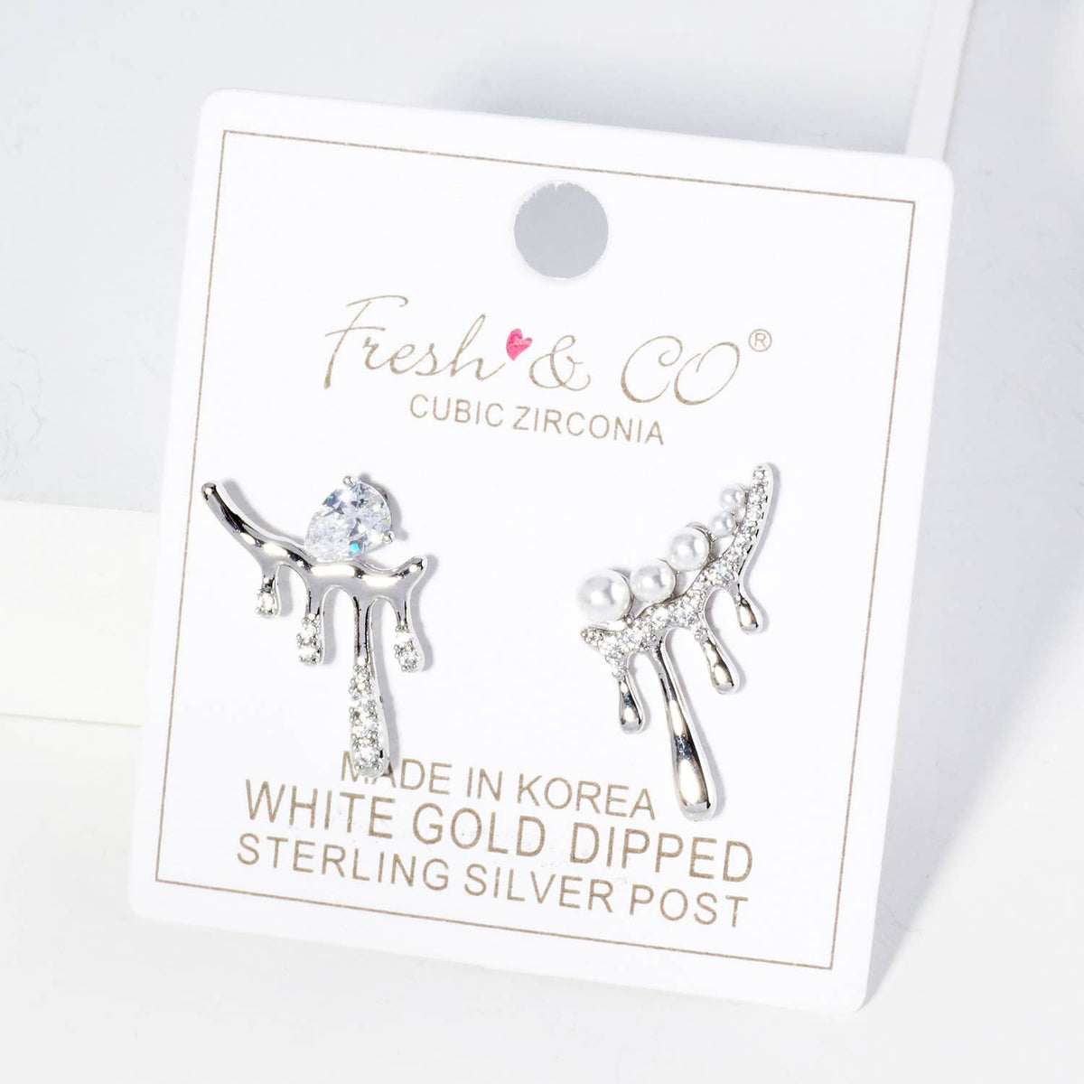 Melting CZ Glass Pearl Bar Asymmetrical Stud Earrings