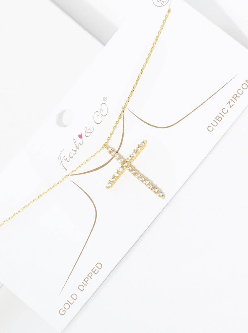 Gold Plated Round Cut Cubic Cross Necklace
