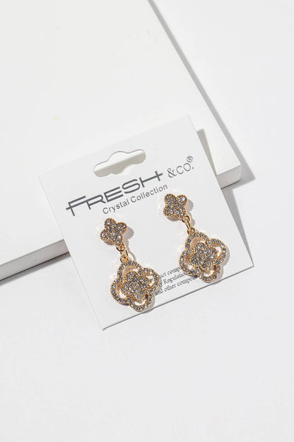 Crystal Clover Drop Earrings – Pavé Quatrefoil Dangle, Gold