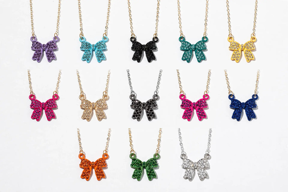 Enamel Crystal Bow Pendant Necklace – Pavé Bow on Chain