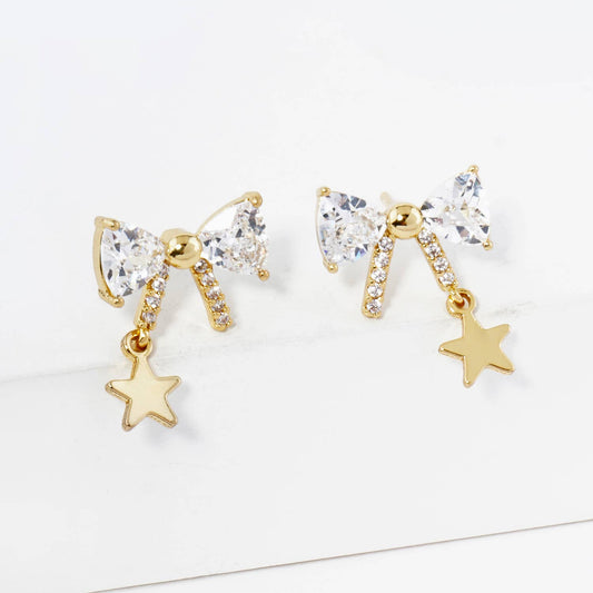 18K GOLD DIPPED STAR DROP CUBIC ZIRCONIA RIBBON BOW STUD