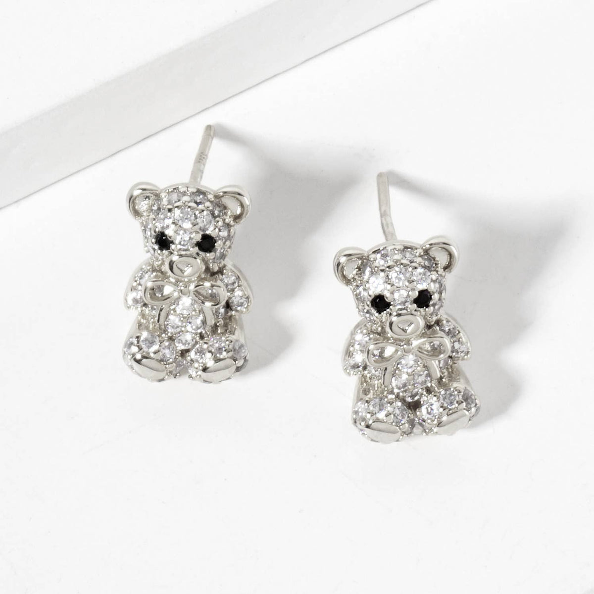 Minimalist Pave-Set Teddy-Bear with Bow Stud Earrings