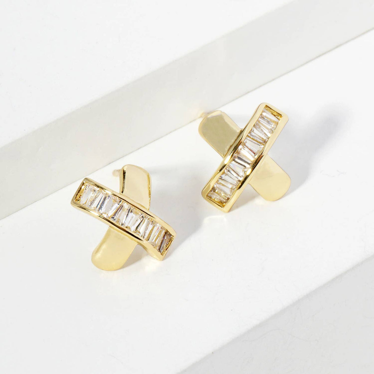 18K Gold Dipped Square CZ Embedded X Stud Earrings
