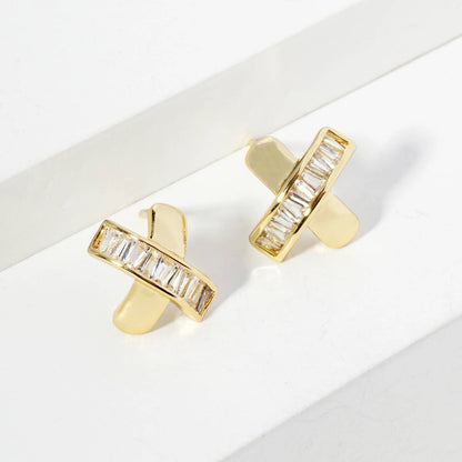 18K Gold Dipped Square CZ Embedded X Stud Earrings