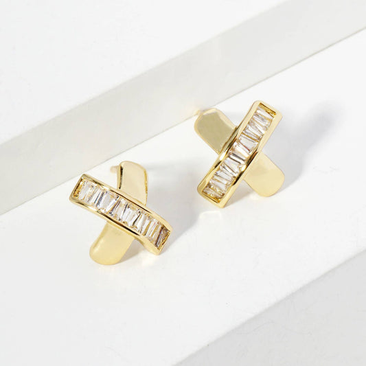18K Gold Dipped Square CZ Embedded X Stud Earrings