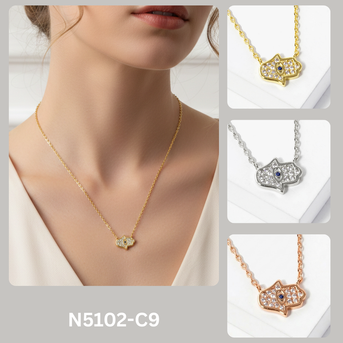 CZ Pave Hamsa Hand with Evil Eye Pendant Necklace