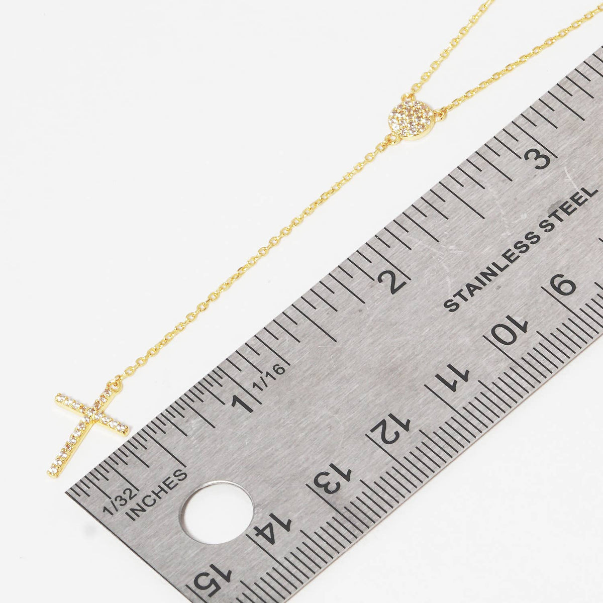 Dainty Pave Heart and Cross Lariat Necklace