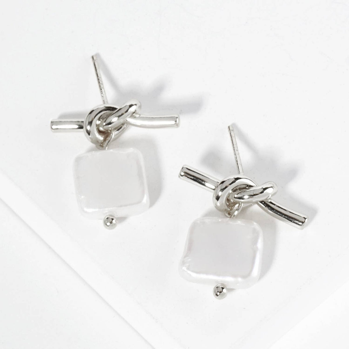 Square Freshwater Pearl Drop Love Knot Post Earrings