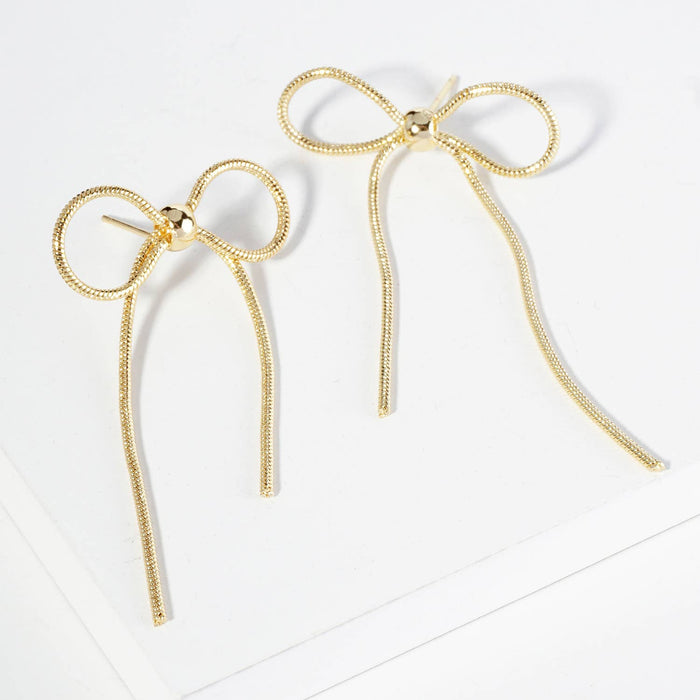 Snake Chain Ribbon Bow Drop Post Earrings / 18K Gold Dipped