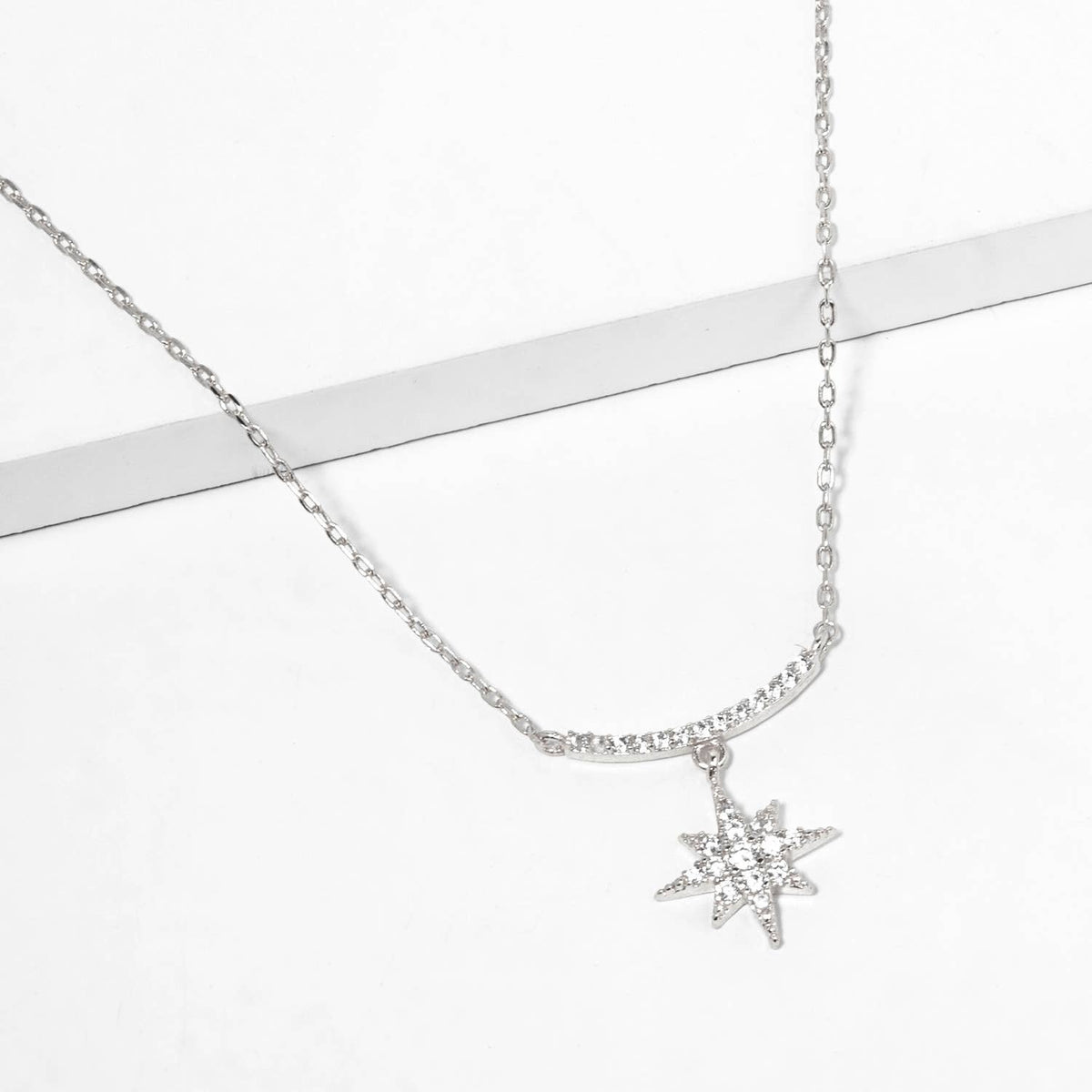 Minimalist Pave Curved Bar & North Star Charm Necklace