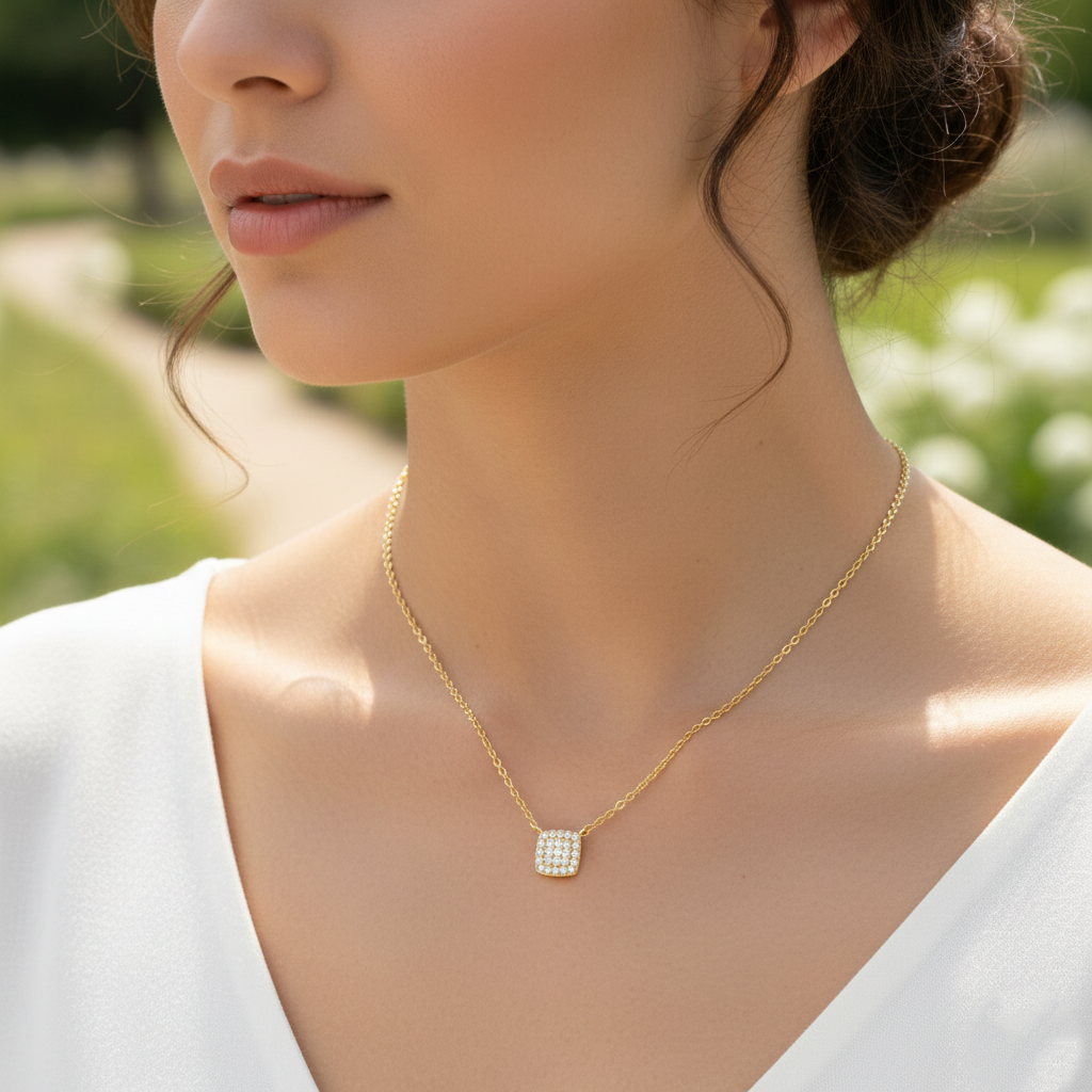 Dainty Pave Geometric Square Necklace