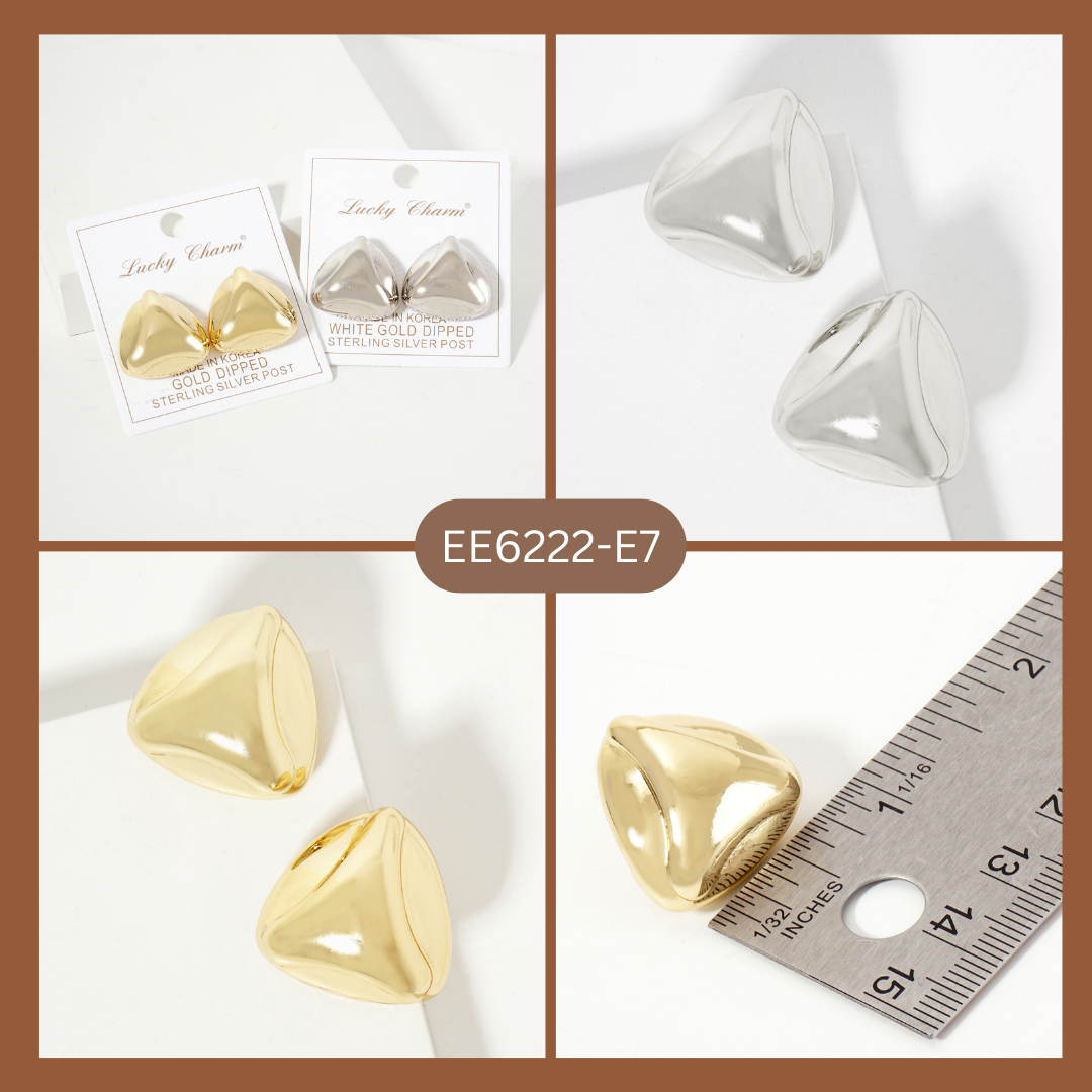 Polished Brass Soft-Curve Lined Puffy Triangle Stud Earrings