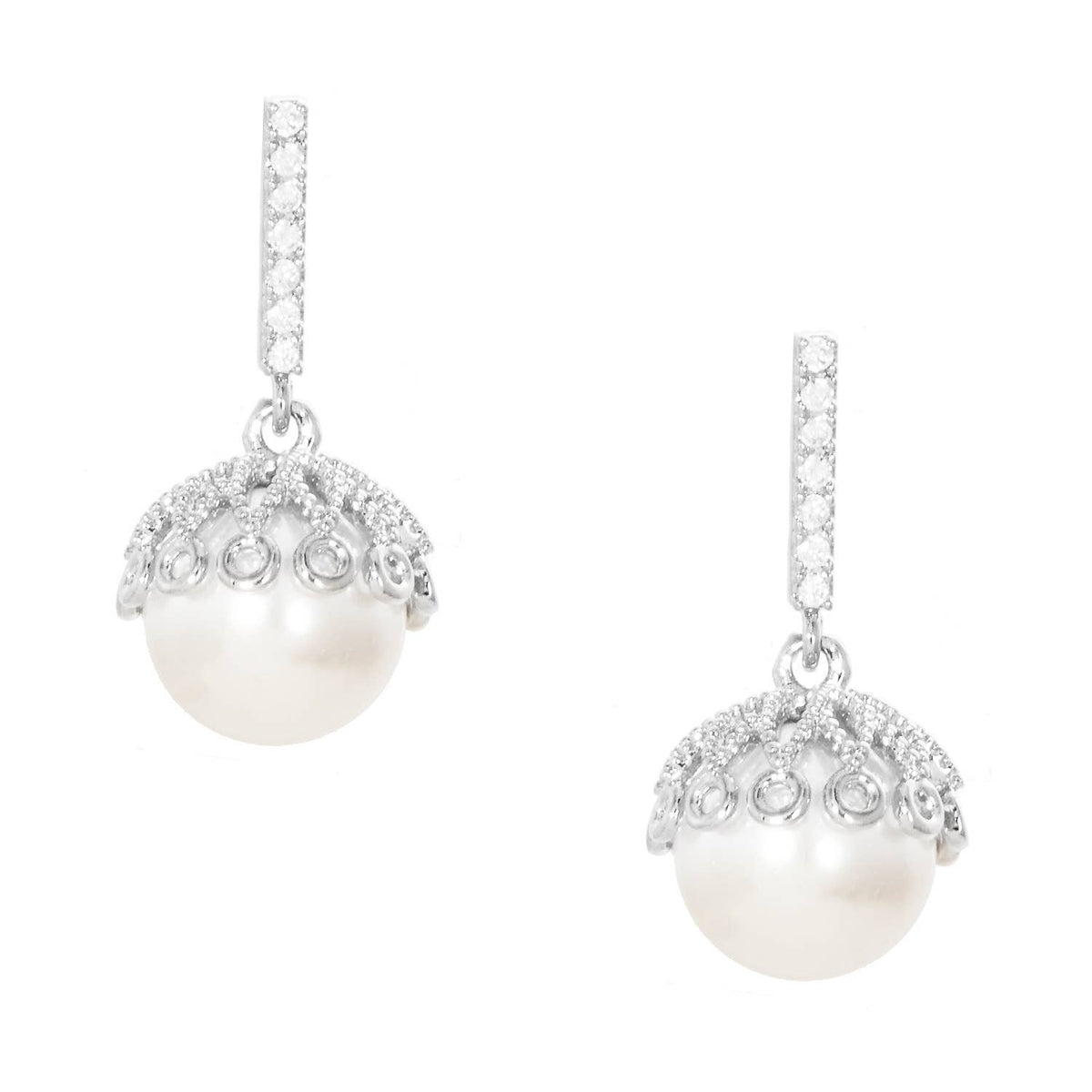 Elegant Pearl & Pavé Bar Bridesmaid Stud Earrings