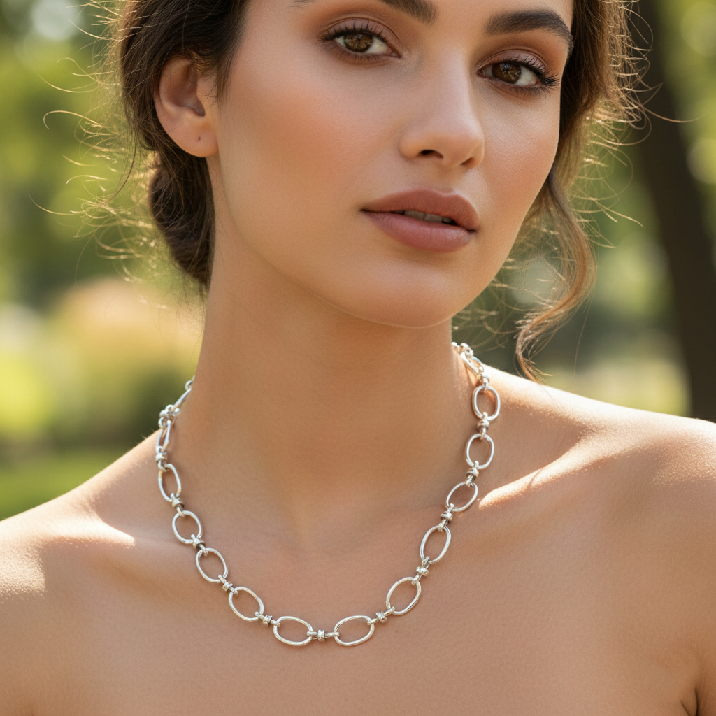 Oval-Shaped Polished Brass Chain Necklace