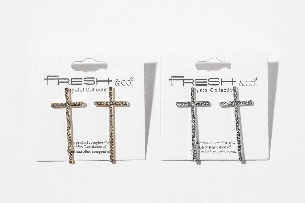 Elongated Crystal Cross Stud Earrings – Slender Pavé Cross,