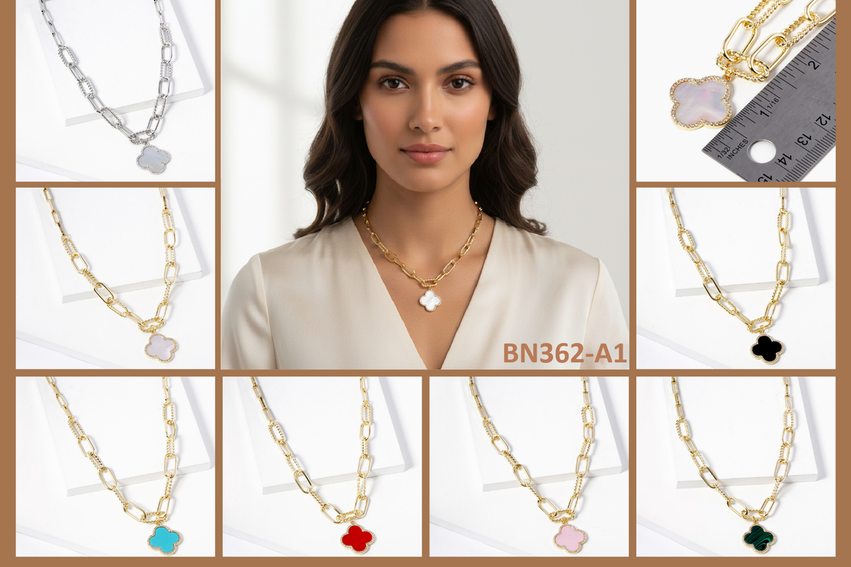 Chunky Paperclip Chain Clover Pendant Necklace