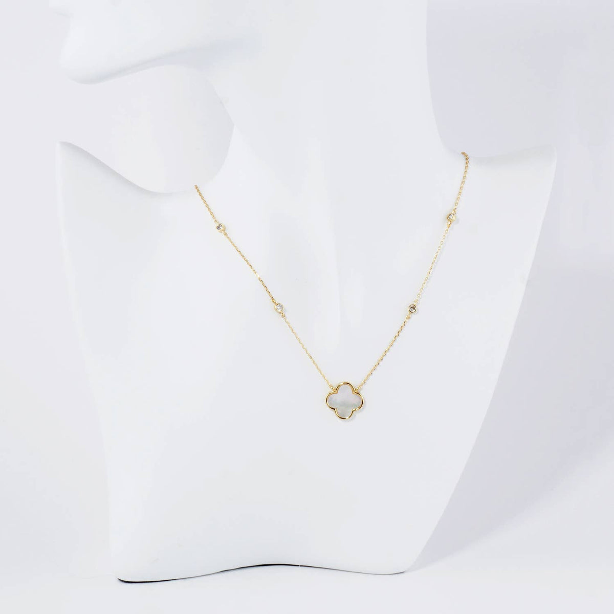 13mm Quatrefoil Pendant CZ Stone Chain Necklace / 18K Gold