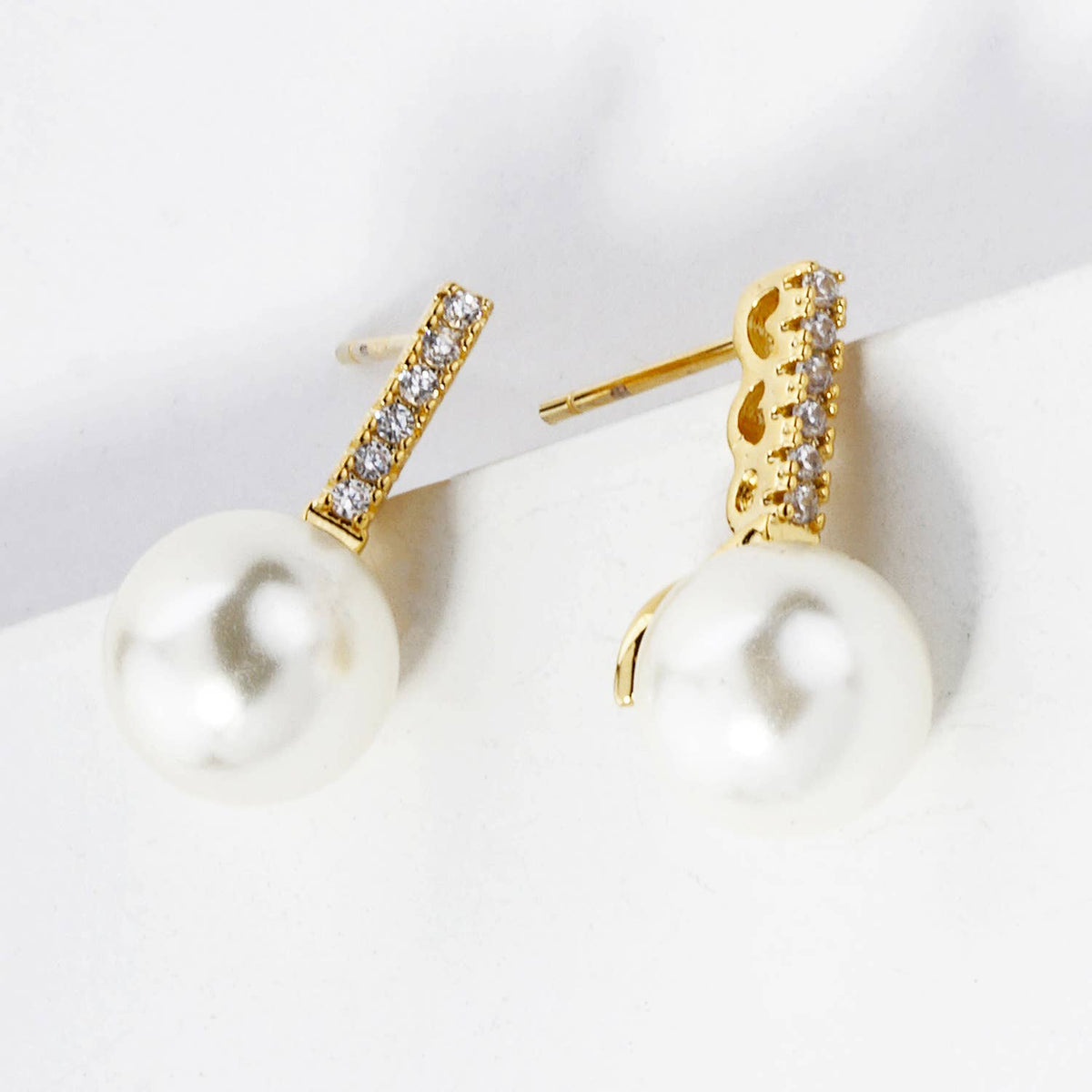 7MM PEARL DROP PAVE CUBIC ZIRCONIA BAR POST STUD EARRINGS