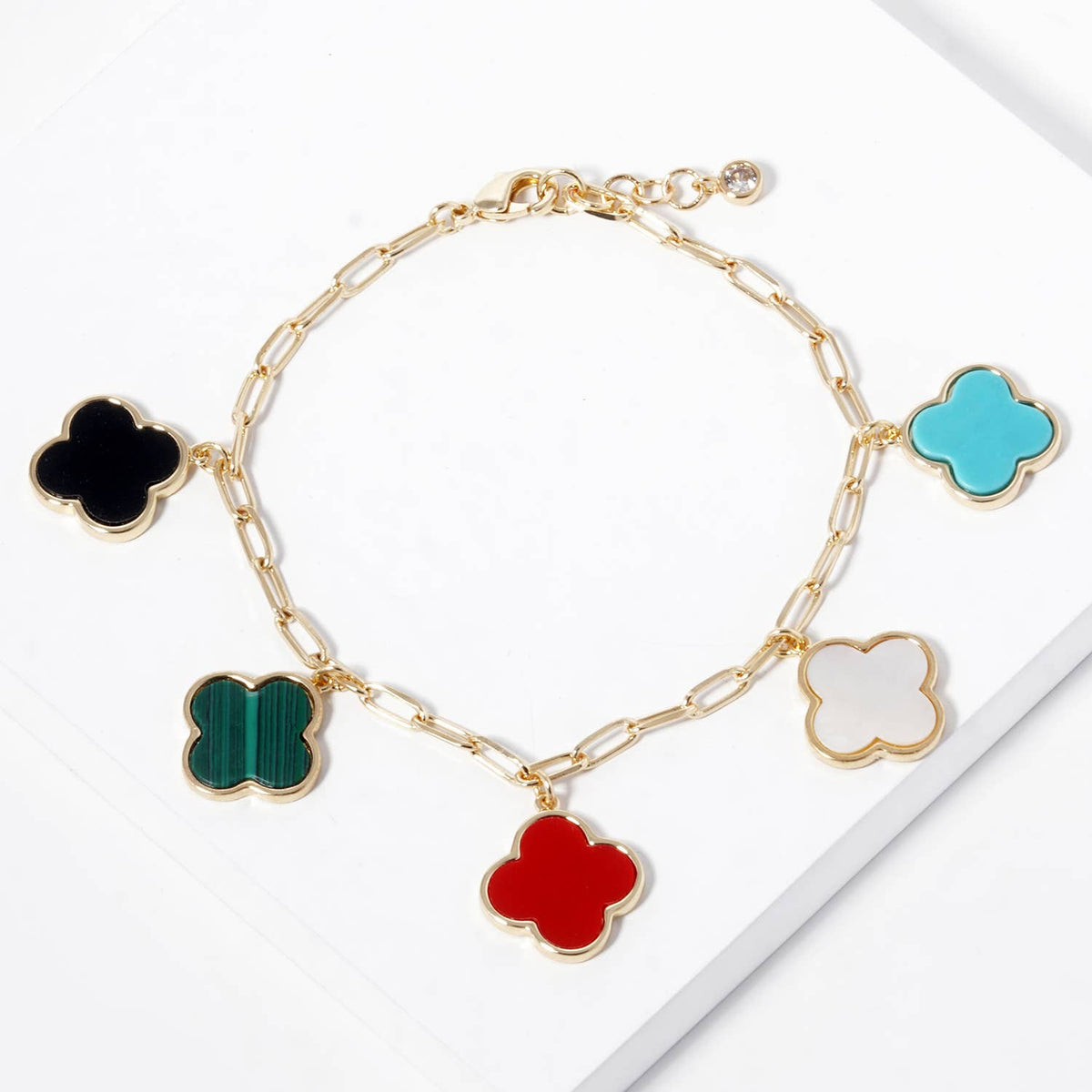 Mother of Pearl Clover Charm Paperclip Link Bracelet