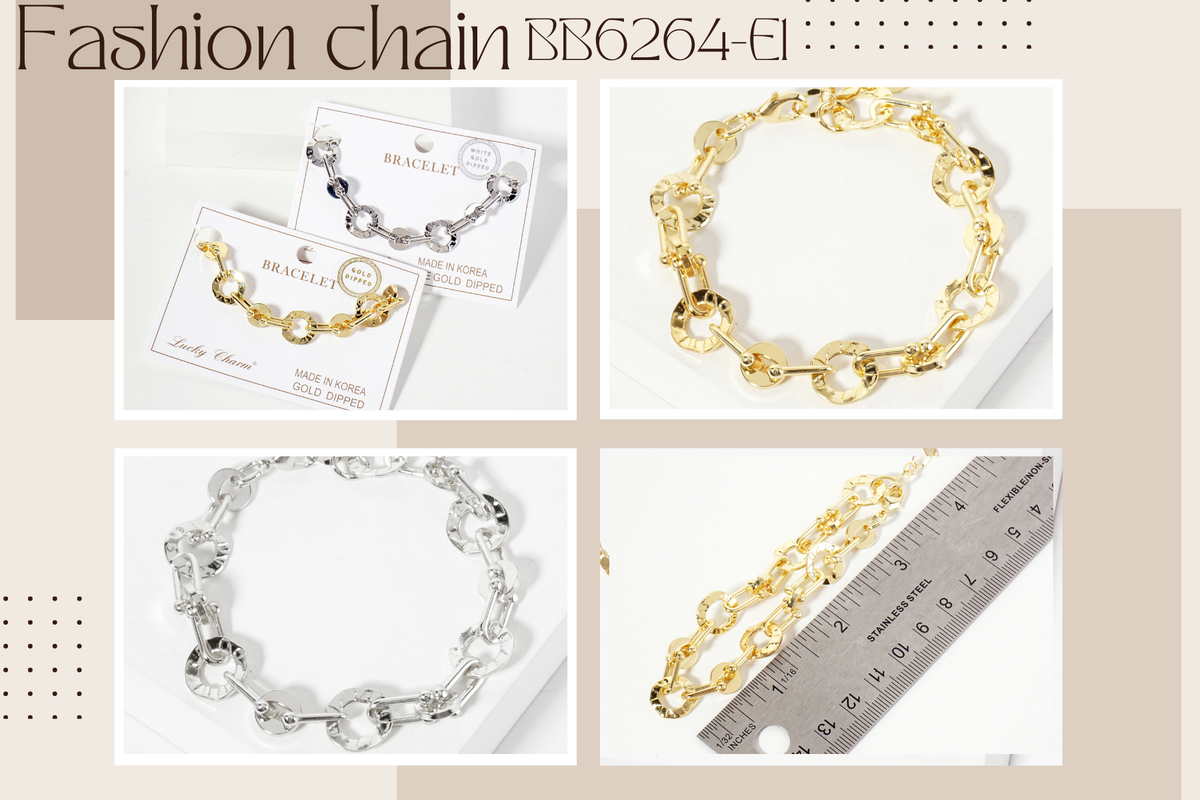 Polished Brass Textured Circle Links with Chain Bracelet