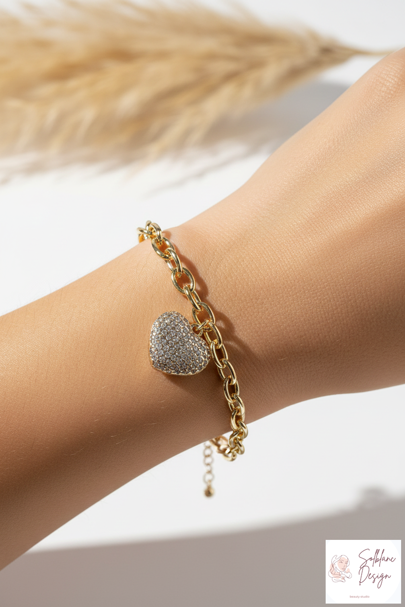 Pave Heart Charm Link Bracelet with Magnetic Clasp