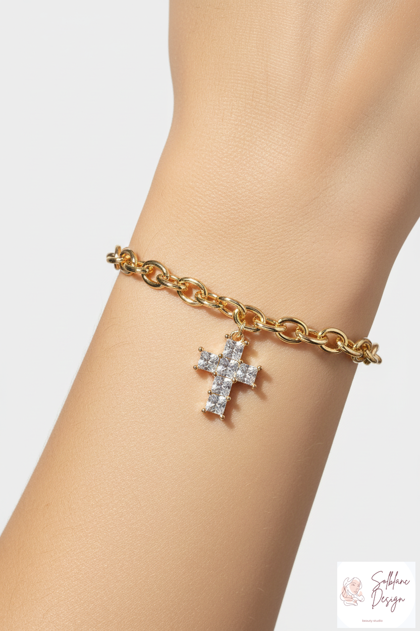 Sparkling CZ Cross Charm Bracelet with Magnetic Clasp