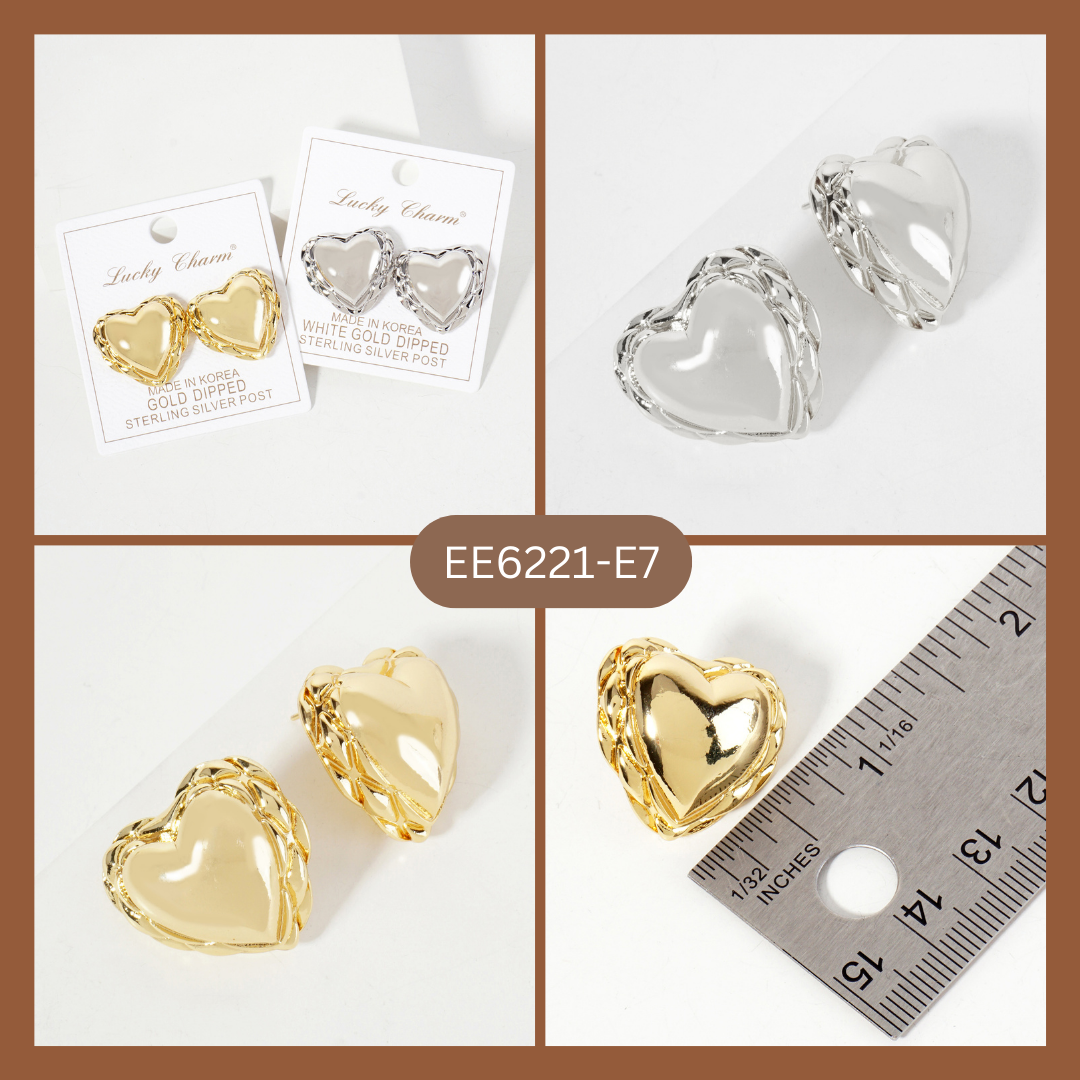 Polished Brass Textured Puffy Heart Stud Earrings