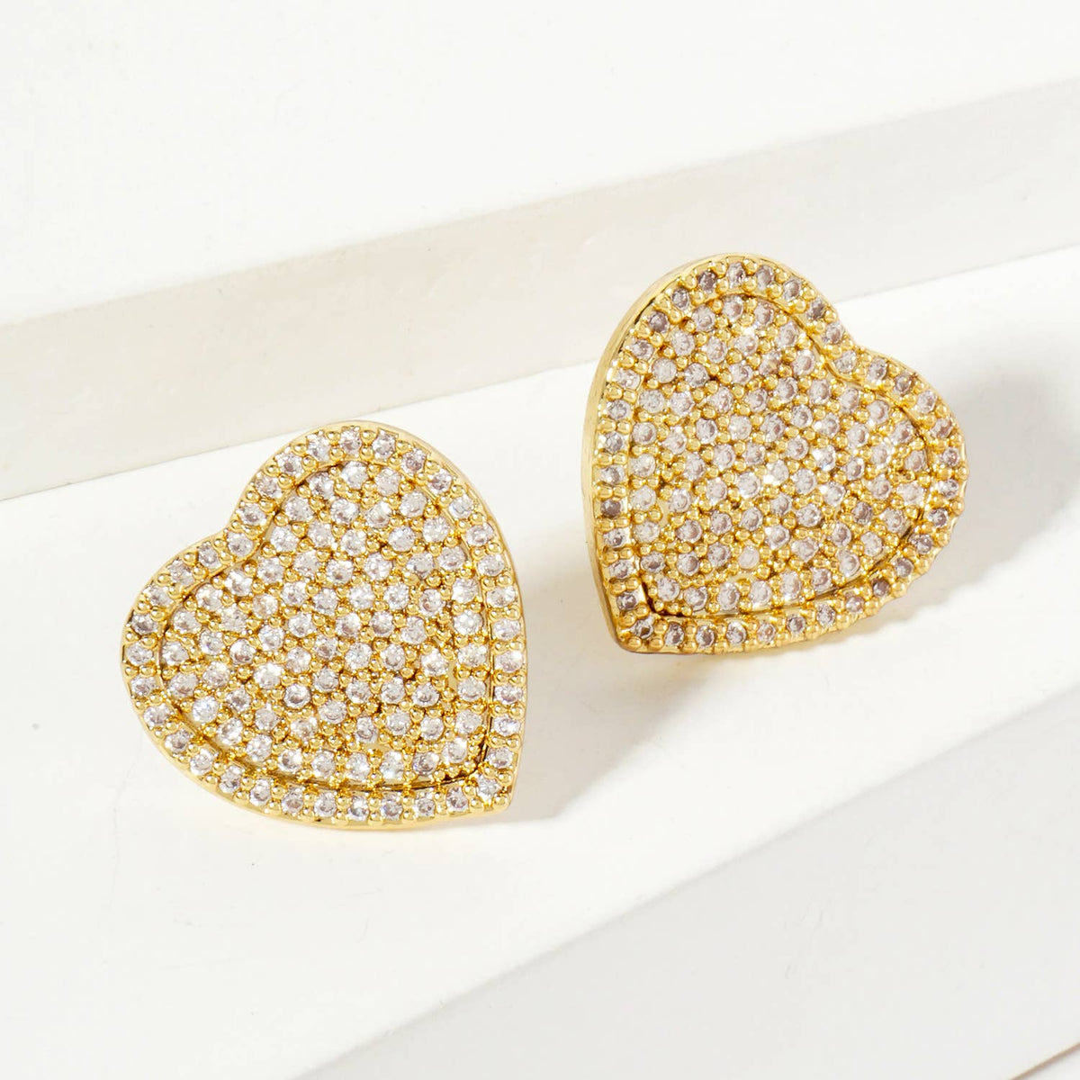 Pave-Set 15mm Heart-Shaped 18K-Gold-Dipped Stud Earrings