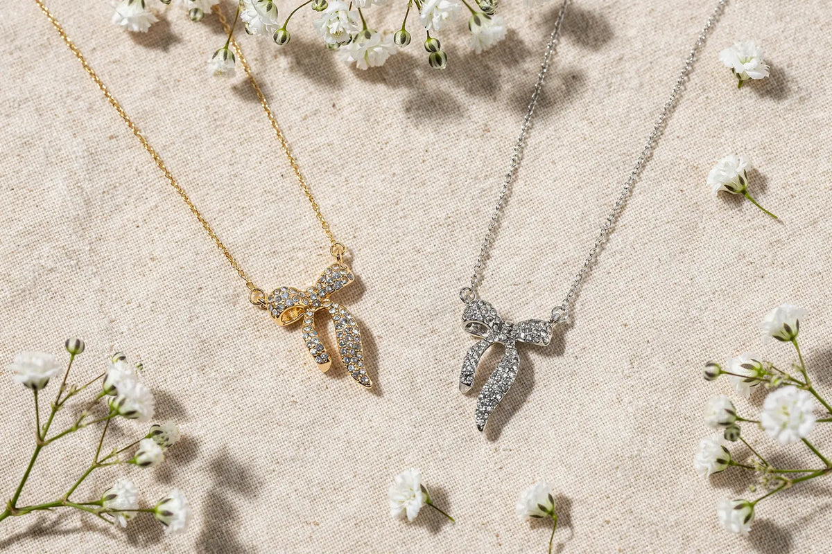 Crystal Ribbon Bow Pendant Necklace – 3D Sculpted Bow