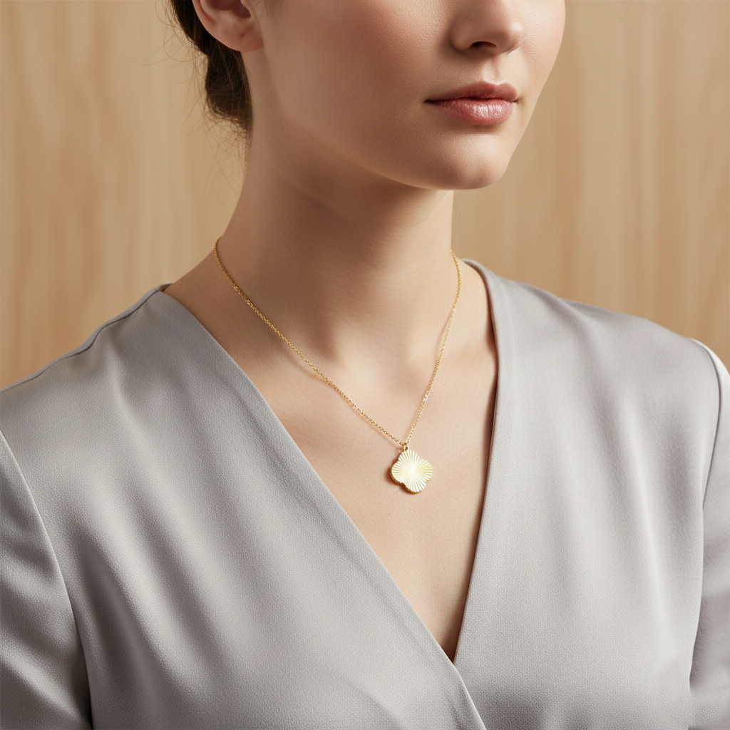 Sunburst Texture Quatrefoil Pendant Brass Necklace