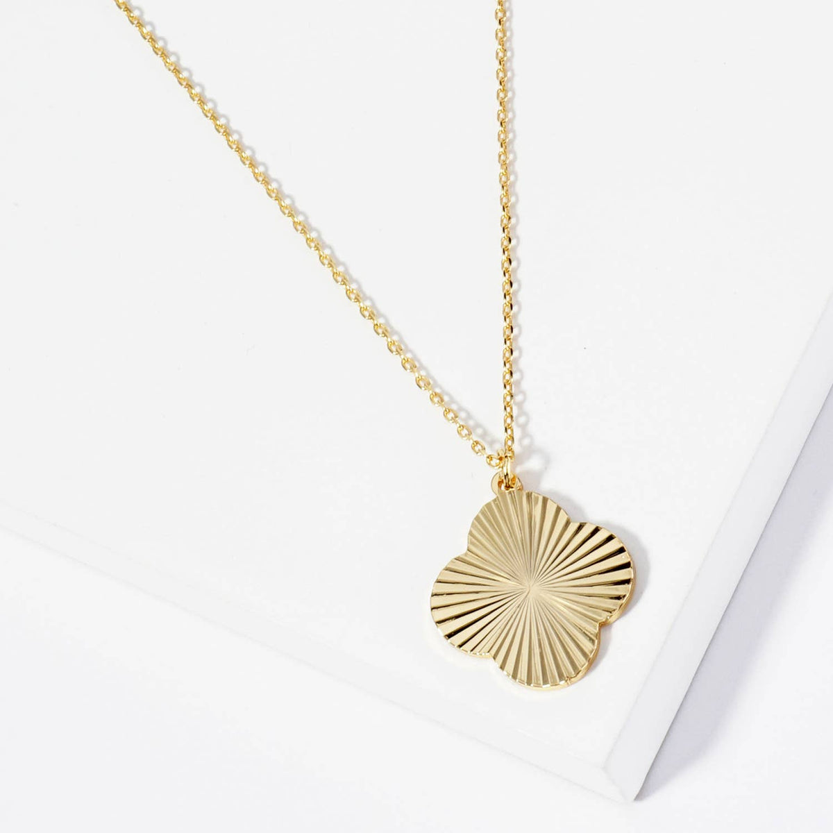 Sunburst Texture Quatrefoil Pendant Brass Necklace