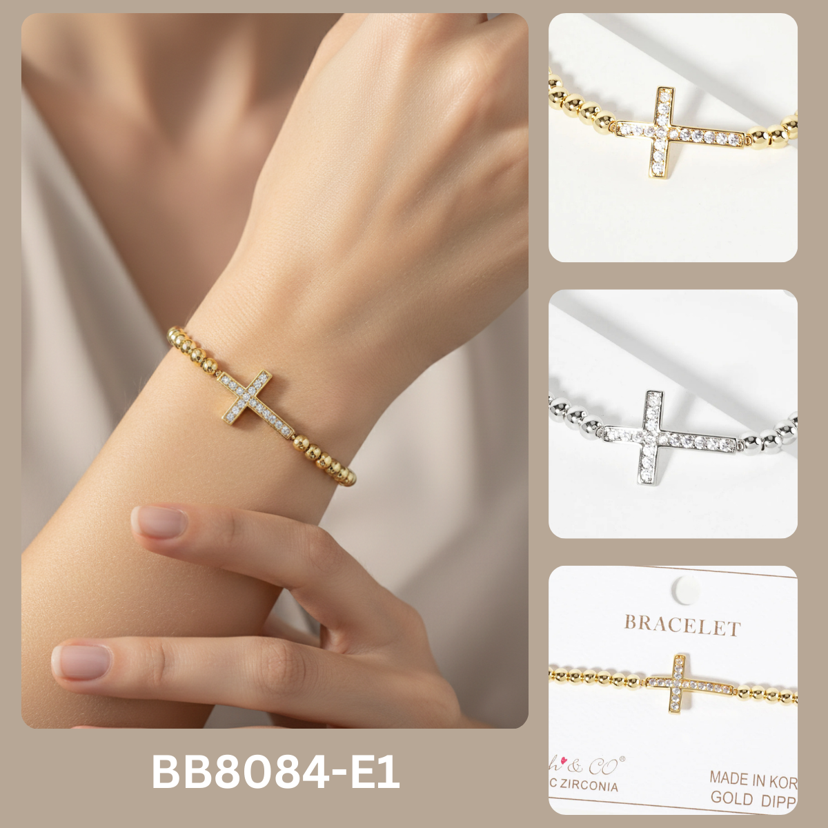 Elegant Beaded Sideways Pavé Cross Bracelet