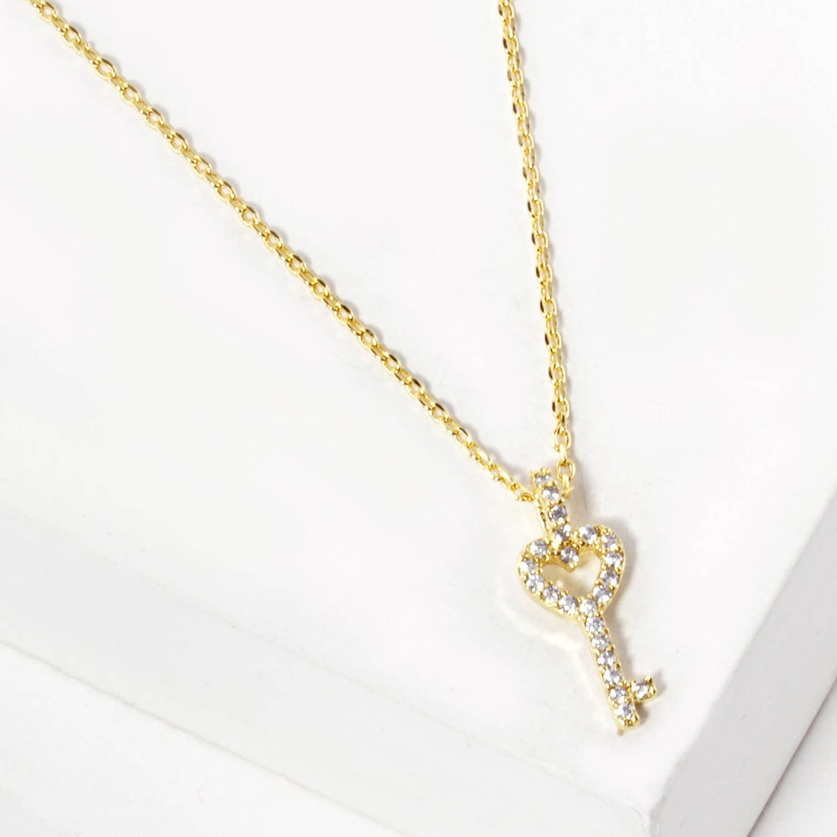 Pave Cubic Zirconia Heart Key Pendant Necklace