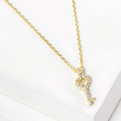 Pave Cubic Zirconia Heart Key Pendant Necklace