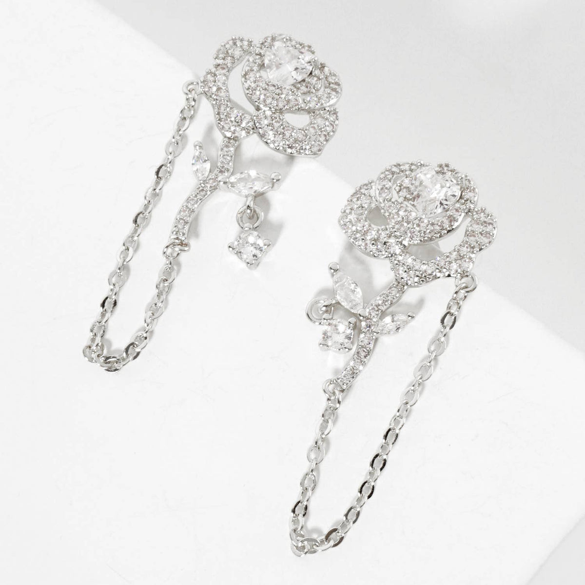Botanical-Theme Pave-Set Rose Drop Earrings