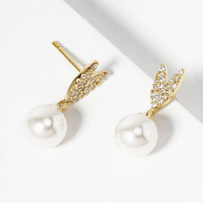18K Gold Dipped Glass Pearl Drop CZ Pave Heart Post Earrings
