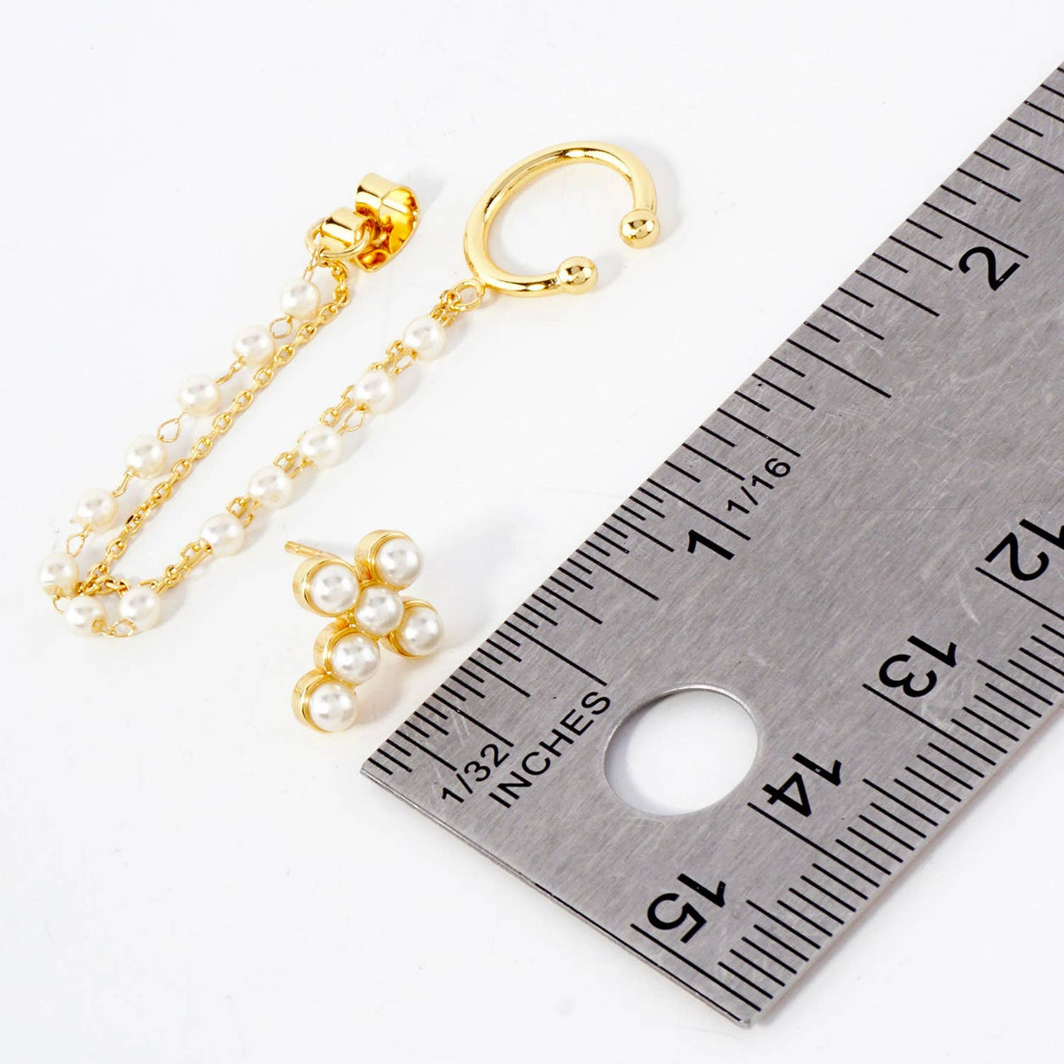 13mm Pearl Cross Stud and Ear Cuff Drape Chain Earring Set