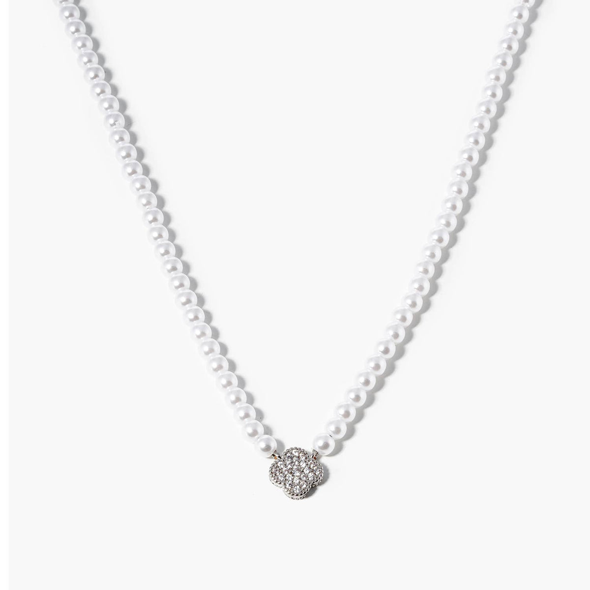18K Gold Dipped CZ Quatrefoil Pendant Pearl Necklace